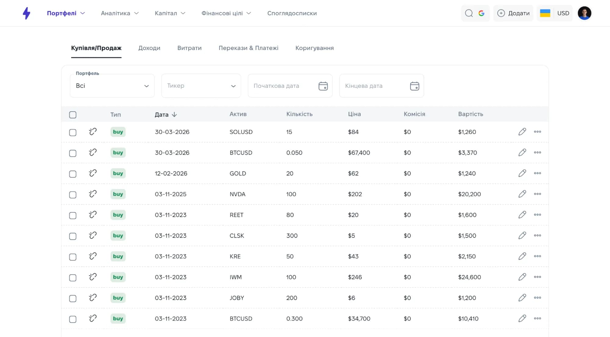 Trade and transaction log in Strum with filters by type and period