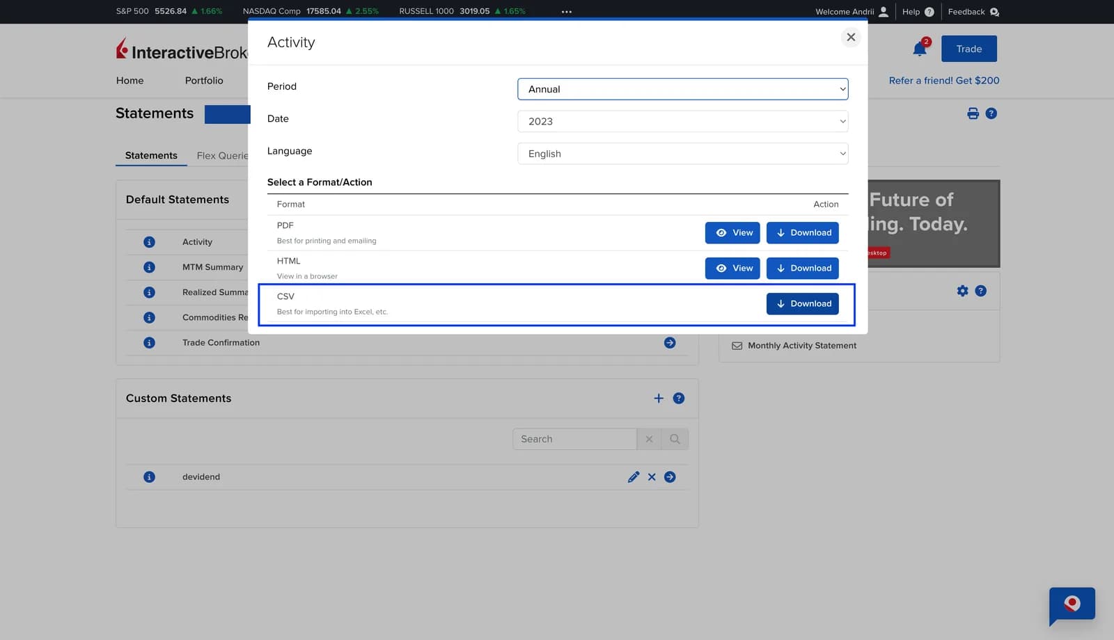 IBKR: період, формат CSV, мова англійська IBKR: період, формат CSV, мова англійська